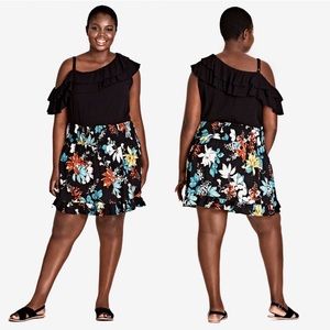 City Chic Tropic Floral Smocked Ruffle Knee Length Skirt Black 16 NWT